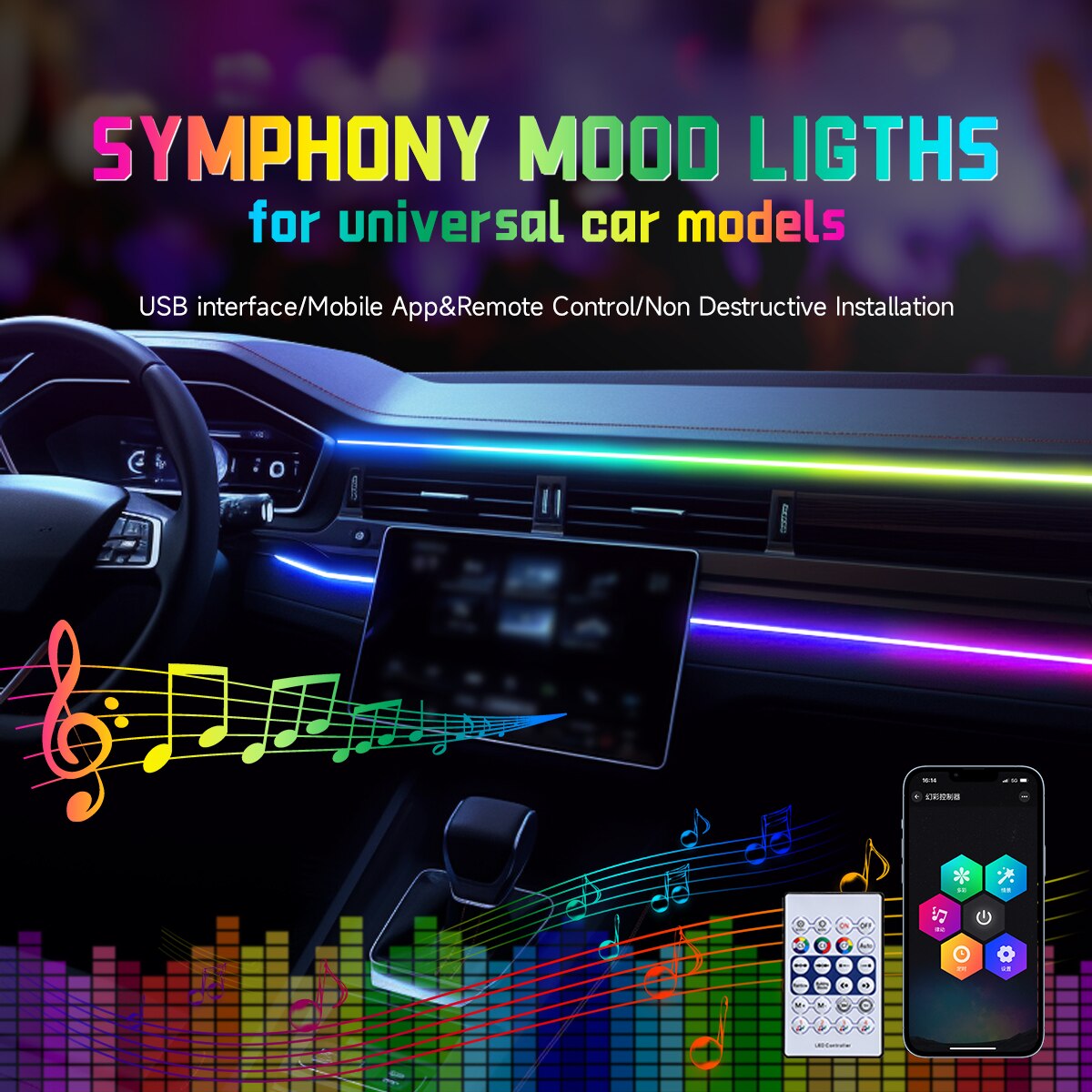 Led Ambient Interior Car Lights App Control - Автомобильная USB-лампа с 64 цветами, акриловые